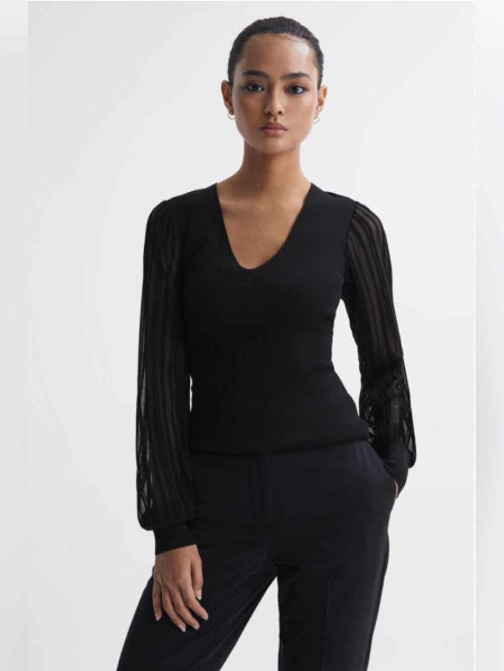 REISS Brooklyn Sheer Sleeve Top